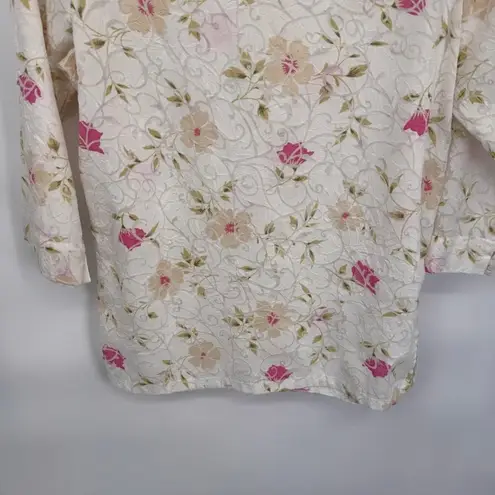 Romantic Dainty Floral Button Down Shirt 3/4 Sleeve White Mother Pearl Buttons M Pink Size M