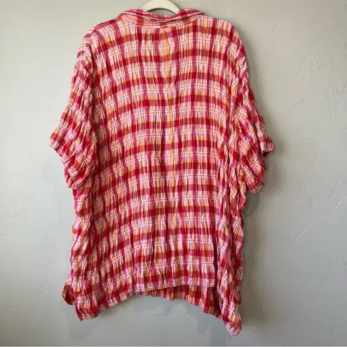 Plaid smocked button up 4x colorful top blouse ruffle feminine gingham cute Pink
