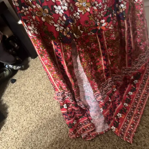 JODIFL Red Floral Maxi Dress Lace up V-Neck sz L boho hippie Long side slits