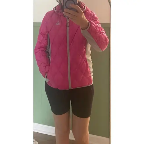 Gerry Puffer Jacket Hooded Down 650 Fill Girls Large 14 / 16 Pink Grey Full Zip