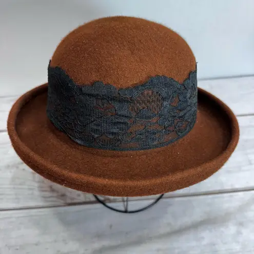 Vintage Brown 100% Wool Bucket Hat with Flower Flapper 1920s Style Derby Lace