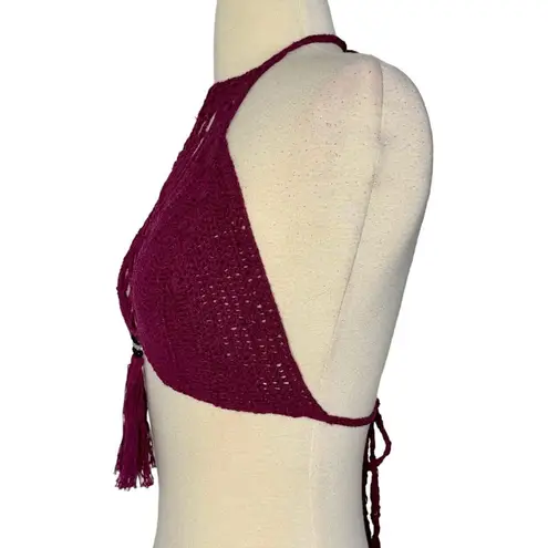 LAKHAYS Crochet Dream Catcher Halter Crop Top Tasseled Beaded Maroon One Size Size undefined