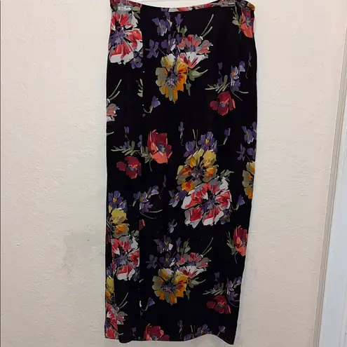 Vintage 100% Silk Floral Black Midi Wrap Skirt Pink Size M