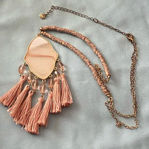 26” To 30” Necklace Statement Acrylic Pendant 4”H Pink Fabric Tassels Boho