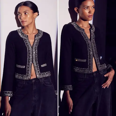 MISA Los Angeles Curtis Tweed Embellished Jacket in Black Size XS