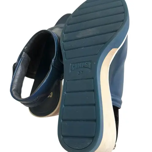 CAMPER Navy Blue Leather Peeptoe Wedges Size 37