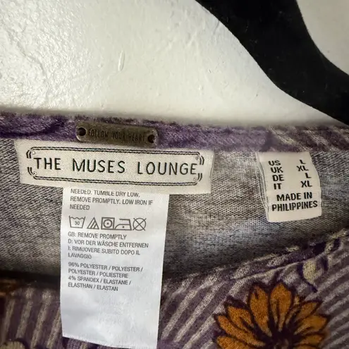 The Muses Lounge Purple Floral Stripe Knit Tunic Top Womens XL Flare Sleeve Boho