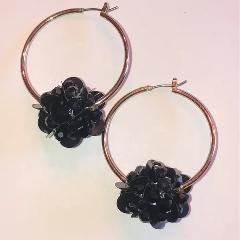 Elegant Gold Tone Black Floral Sequin Boho Hoop Earrings