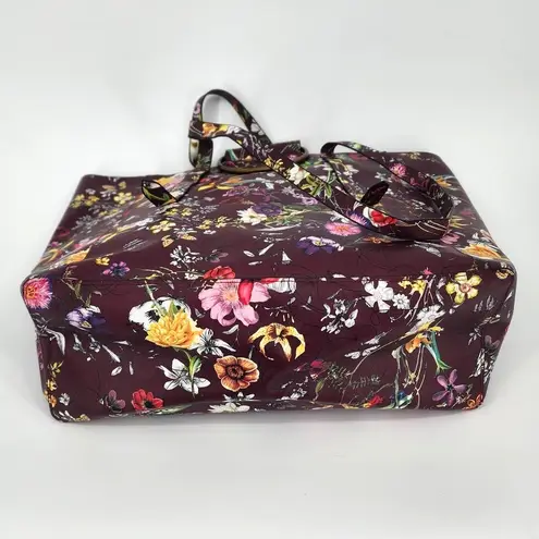 Burgundy Floral Vinyl Tote Bag Gold Ring Detail Large Work Purse 18x12x6 Red