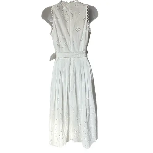 Adelyn Rae Midi Dress White Eyelet Embroidered Pleated Belted Waist Boho Summer
