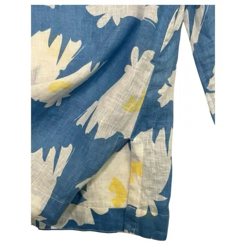 Island Company Top Womens Medium Blue Linen Floral Beach Cottage Coastal Boho
