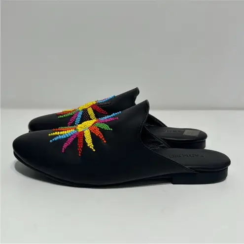 Farm Rio New Beaded Sunshine Black Leather Flat Mules with dust bag Size 6