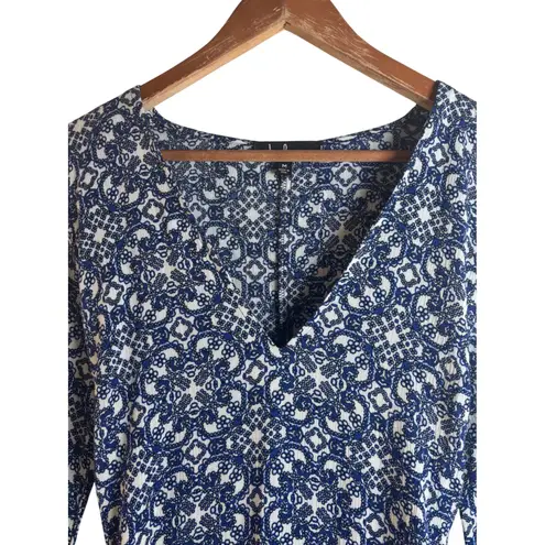 Lulus Mandala Daydream Medium Blue White Print Long Sleeve Maxi Dress Boho NWT