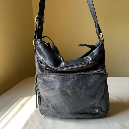 Wise Owl Leather Crossbody Bag Faded Navy Blue Brass Zip Vintage Unisex Satchel Black