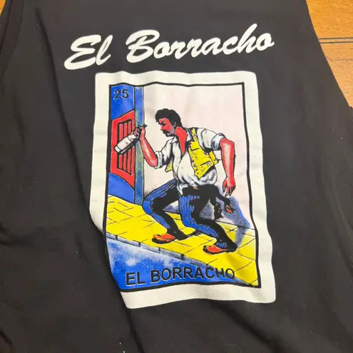 El Borracho Loteria Graphic Tank Top Black Sleeveless Cut Off Size L