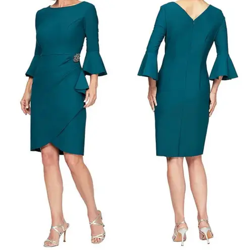 Alex Evenings Scuba Compression 3/4 Sleeve Ruffle Sheath Dress Teal size 2