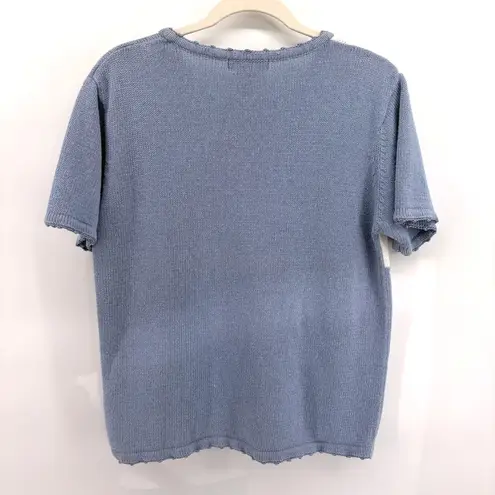 Vtg Salon Studio Haband Knit Floral Embroidered Sweater Large Coastal Grandma Blue