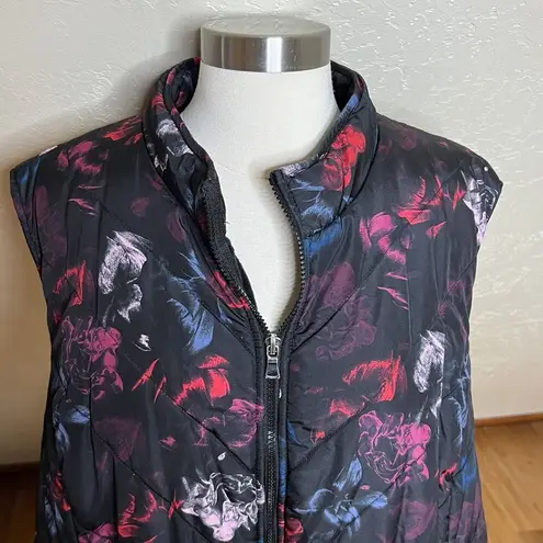 Lane Bryant  Vest Womens 26/28 Black Floral Puffer Quilted Full Zip Fleece Lined