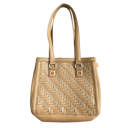 Longaberger Basket Woven Leather Shoulder Bag Stairstep Weave Caramel