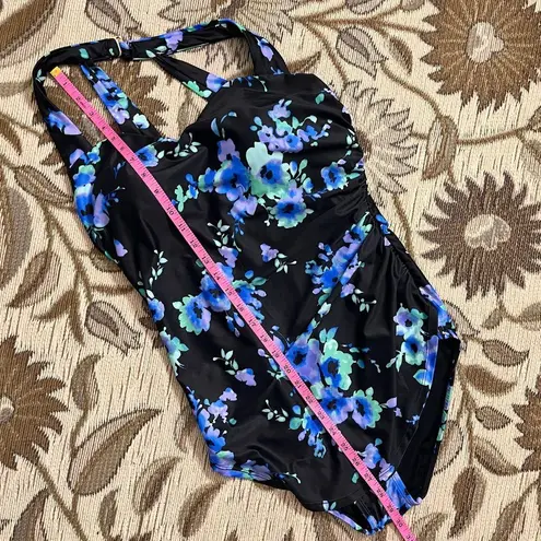 Swimsuits for All Sarong Front One Piece Swimsuit Blue Floral 12 New