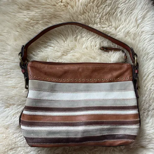Fossil genuine leather patchwork horizontal stripe hobo shoulder bag cognac Tan