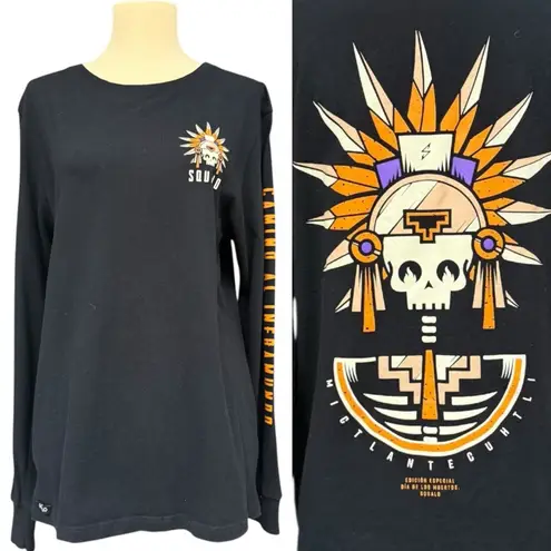 Squalo Día de los Muertos Long Sleeve Tee Black Medium Skull Aztec Graphic