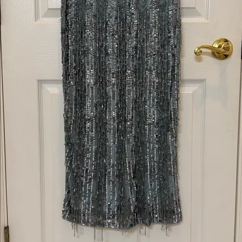 Mac Duggal NWT 5980 Blue High Neck Short Sleeve Crystal Fringe Sheath Dress Sz 8