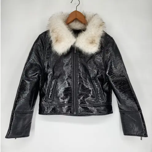 Unreal Fur Black Wet Look Aviator Jacket Faux Leather & Fur Collar Women’s M Size M