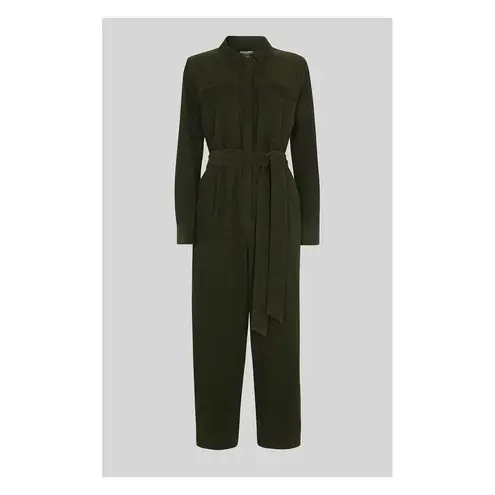 WHISTLES Dark Green Cord Fabric Button Front Tie Waist Utility Jumpsuit Size 12