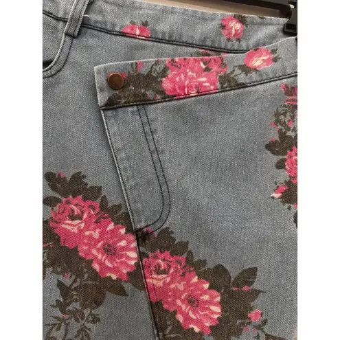 Boutique Floral Print Cropped Top Crisscross Waist Thigh-high Slit Jeans Skirt Size S/M