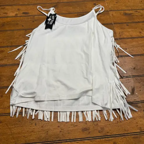 Crazy Train White Faux Leather Fringe Tank Top Boho Festival