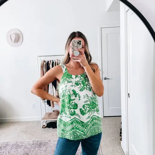 Tibi Green White Floral Silk Tank Top