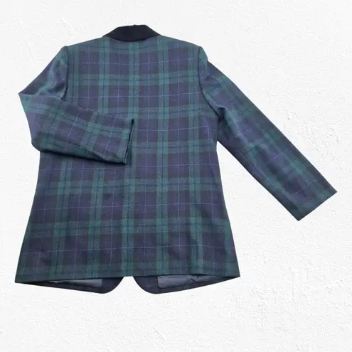Vintage Black Watch Tartan Green Plaid Wool Blend Blazer Velvet Collar Size 14
