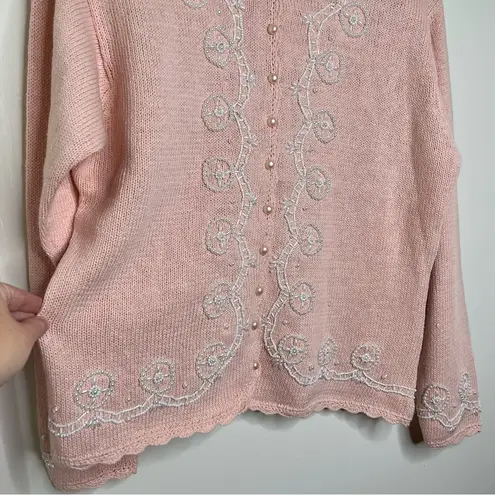 Vintage Eve Tyler Pink Pearl Beaded Sweater Cardigan Button Up Size Large