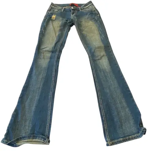Zana Di  Distressed whiskered Blue Flare Jeans Size 0 embellished back pockets