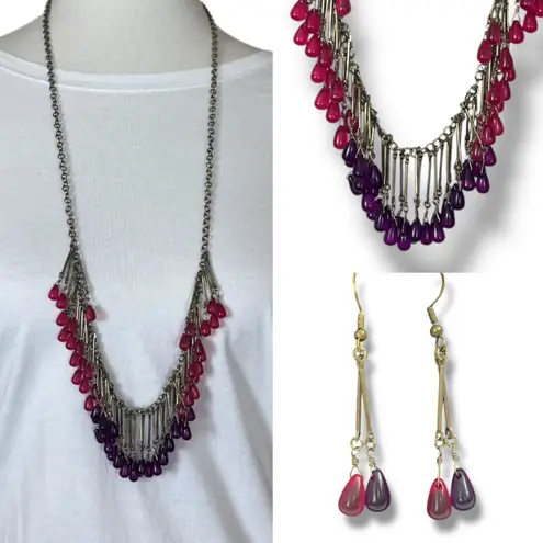 Coldwater Creek Necklace Earring Set Beaded Hot Pink Purple Gold 18/20” Length