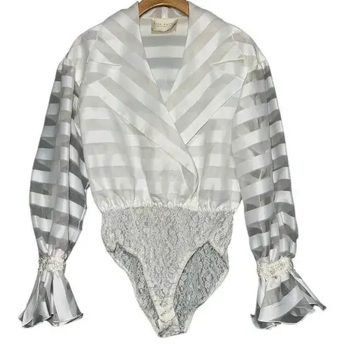 Nina Raynor Women’s Size M White Taffeta Long Sleeve Beaded Arm Bodysuit Size M