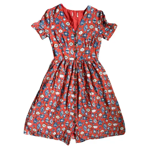 Joanie x Molly Hatch Tea Pot Fit & Flare Button Front Shirt Dress Size Small Red