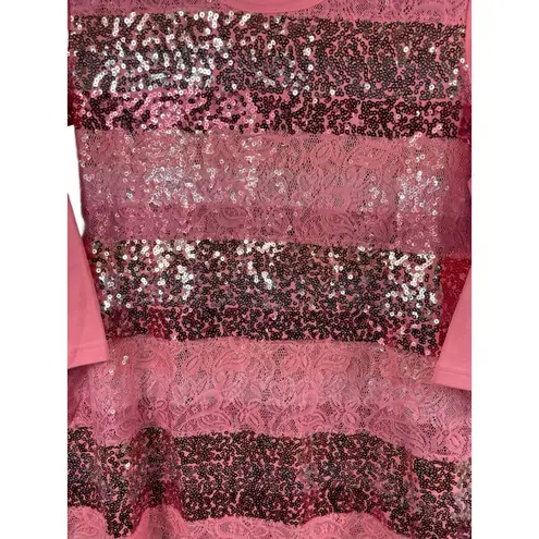 Quacker Factory 2X Pink Lace Sequin Stripe 3/4 Sleeve Knit Top Embellished
