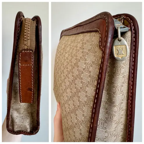 CELINE Macadam Wristlet Clutch Bag, Monogram Coated Canvas & Brown Leather Trim