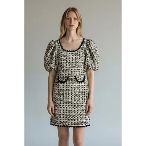 Dream SisTweed Puff Sleeve Square Neck Mini Dress Black & Cream NWT XS