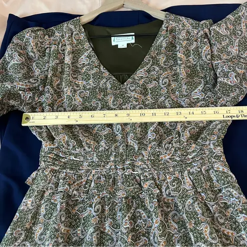 Love Riche Love Riche Chiffon Olive Paisley Ruffle Long Sleeve Peasant Tiered Maxi Dress M