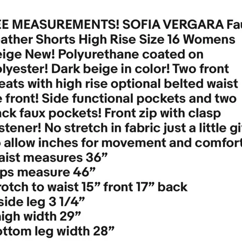 Sofia Vergara Faux Leather Shorts High Rise Size 16 Womens Beige New