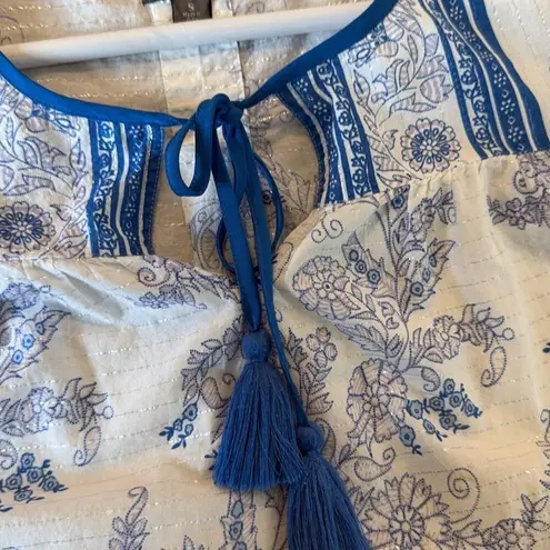 J.Crew Point Sur white and blue tassel the printed blouse small