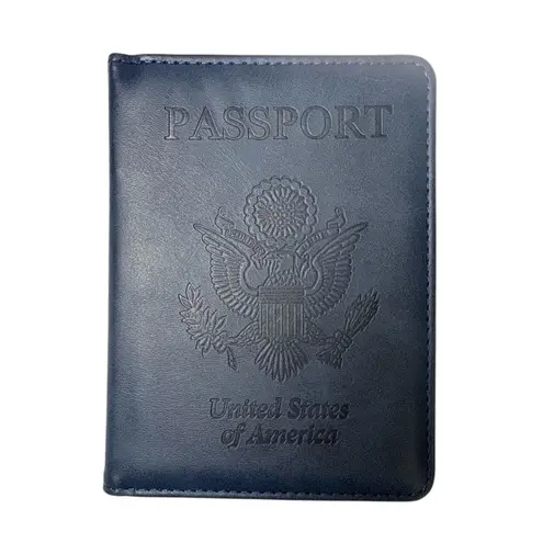 Passport Holder Travel Wallet Case Faux Leather Cover Card Slots USA Embossed Blue