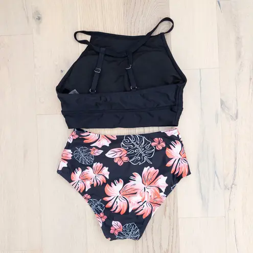 Womens Bikini Set Size S Black Floral High Waist Sporty Tropical Summer Coastal