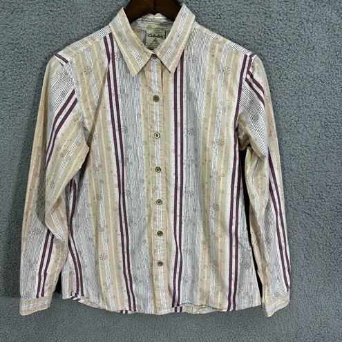 Cabela's Shirt M Beige Purple Stripe Floral Button Front Western Cottagecore