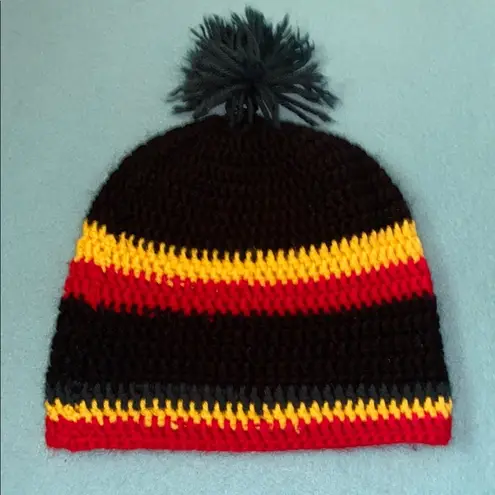 CROCHETED striped pom pom beanie hat red yellow green black unisex size OSFA