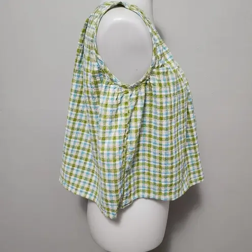Vintage Casey & Max 90s Turquoise & Green Seersucker Check Crop Top Size Small