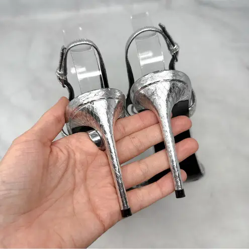 Saint Laurent Robin Lace 85 Strappy Metallic Sandal Heels Silver Designer 38